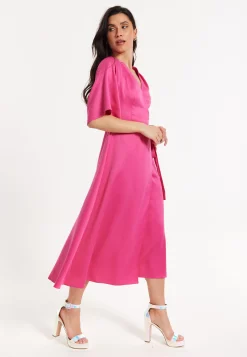 Pink Satin Kimono Sleeve Maxi Wrap Dress