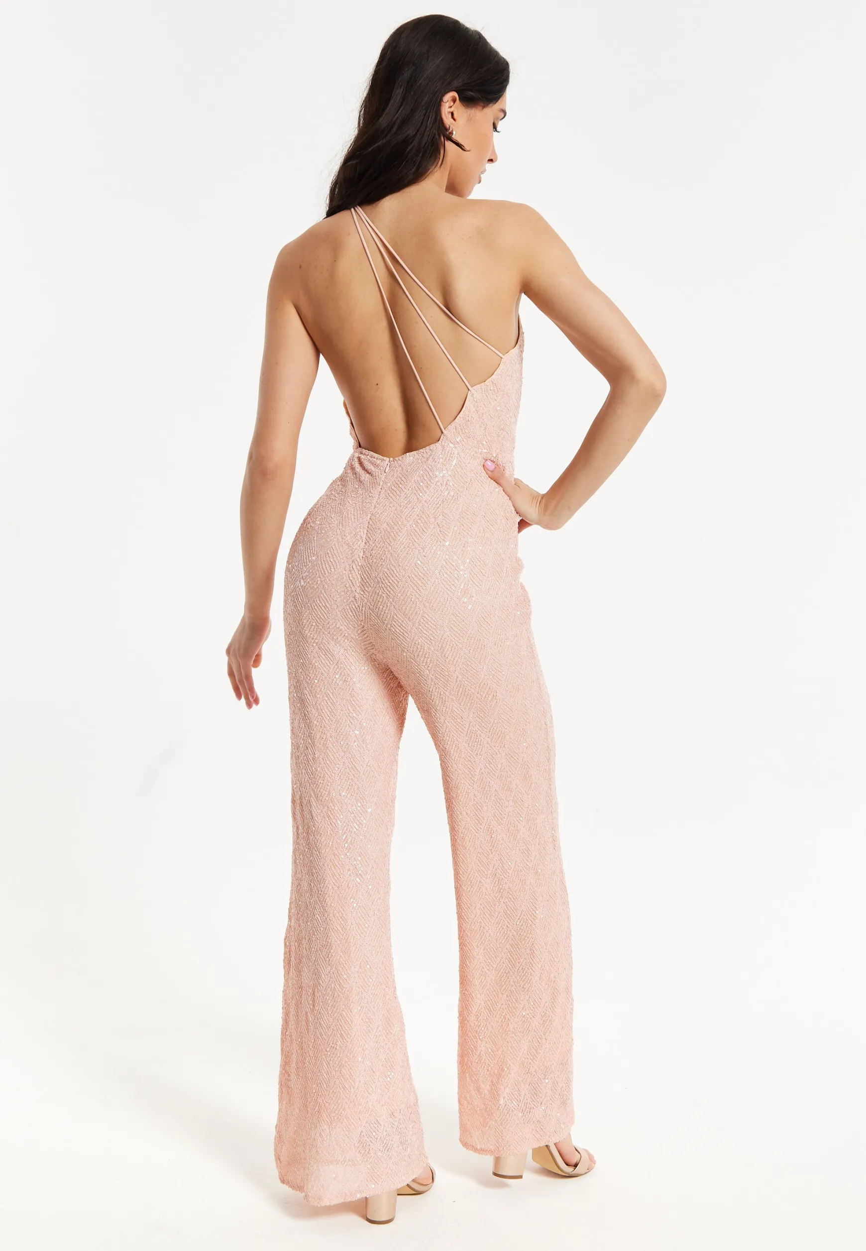 Pink Sequin One Shoulder Jumpsuit
