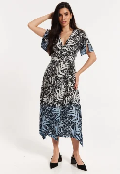 Printed Blue Dip Dye Wrap Midaxi Dress