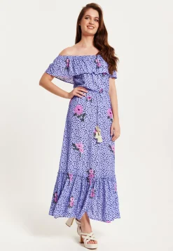 Purple Floral Off Shoulder Maxi Dress