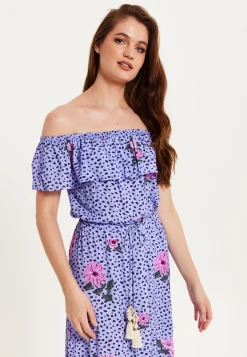 Purple Floral Off Shoulder Maxi Dress