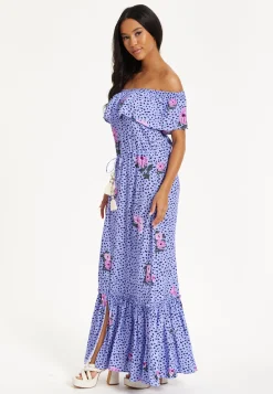 Purple Floral Off Shoulder Maxi Dress