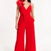 Red Floral Shoulder Wide-Leg Jumpsuit
