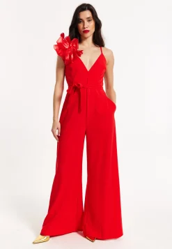 Red Floral Shoulder Wide-Leg Jumpsuit