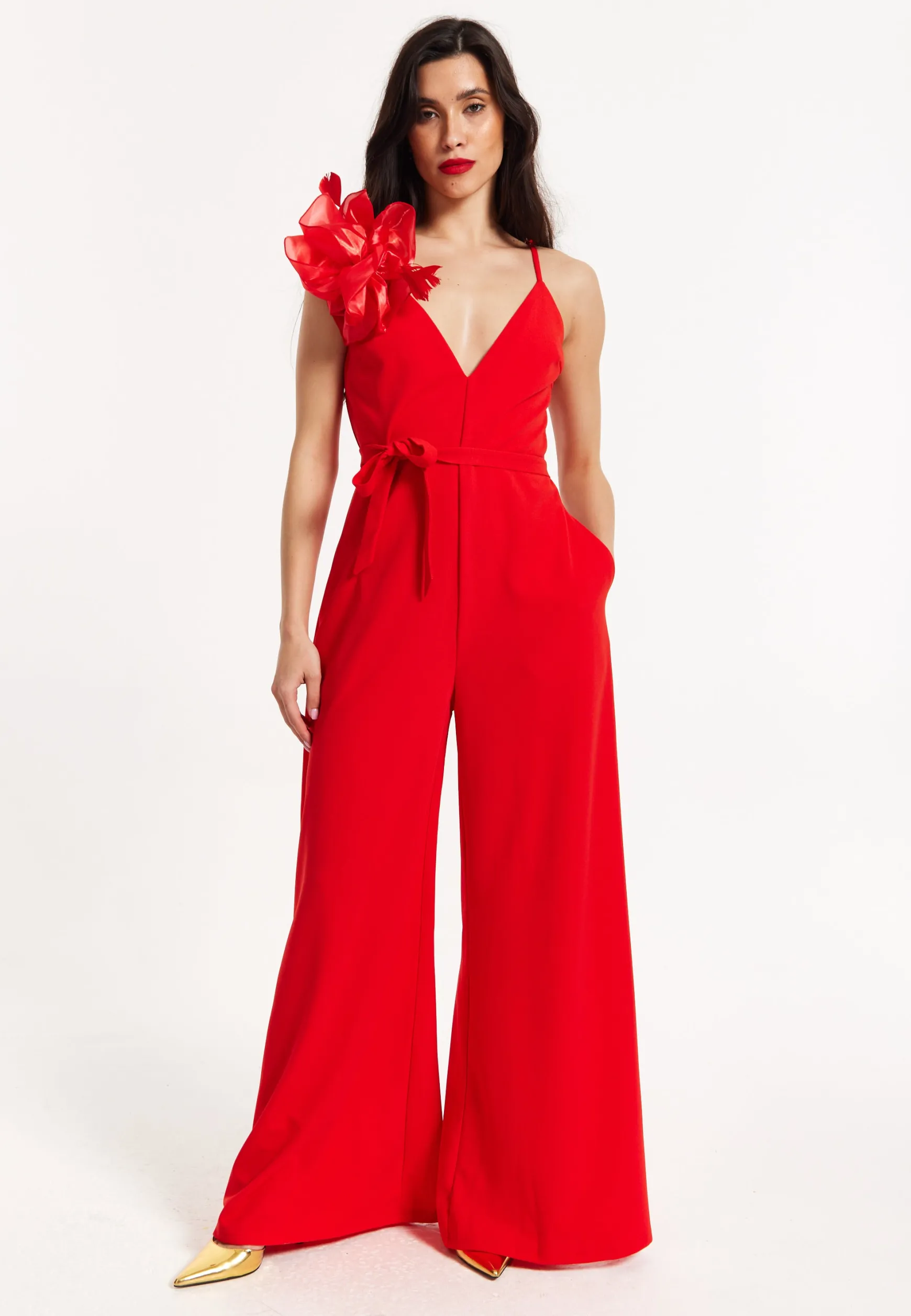 Red Floral Shoulder Wide-Leg Jumpsuit