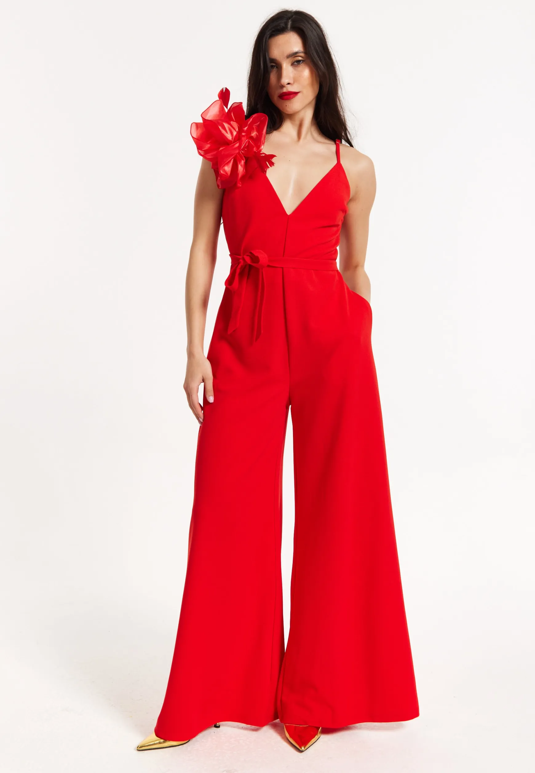 Red Floral Shoulder Wide-Leg Jumpsuit