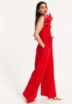 Red Floral Shoulder Wide-Leg Jumpsuit