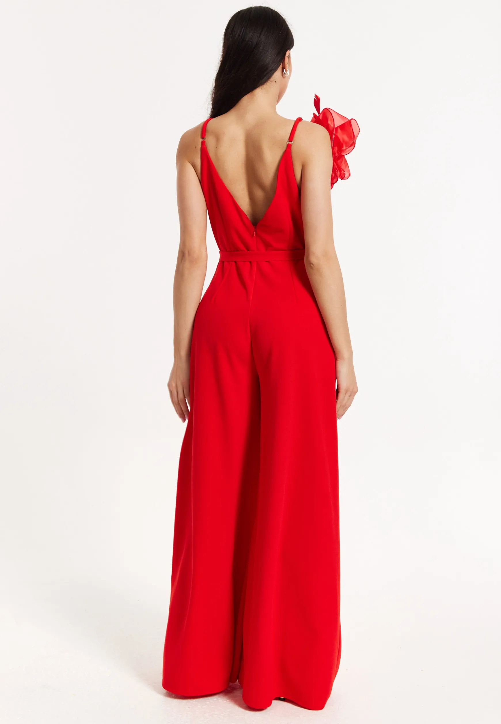 Red Floral Shoulder Wide-Leg Jumpsuit