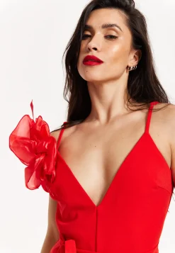 Red Floral Shoulder Wide-Leg Jumpsuit