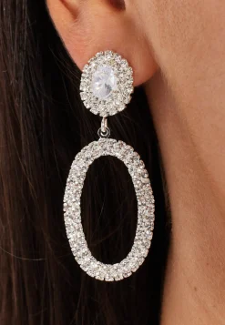 Silver Rhinestone Large Dangle Earrings