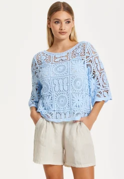Sky Blue Knitted Crochet Lace Top