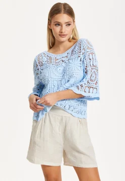 Sky Blue Knitted Crochet Lace Top