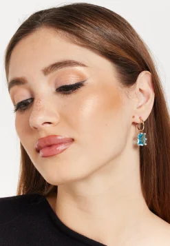 Sky-Blue Baguette Huggie Drop Earrings in Gold