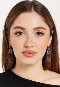 Sky-Blue Baguette Huggie Drop Earrings in Gold