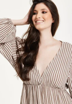 Taupe Stripe V-Neck Maxi Dress