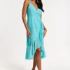 Turquoise Gold Print Wrap Midi Dress