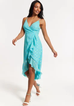 Turquoise Gold Print Wrap Midi Dress