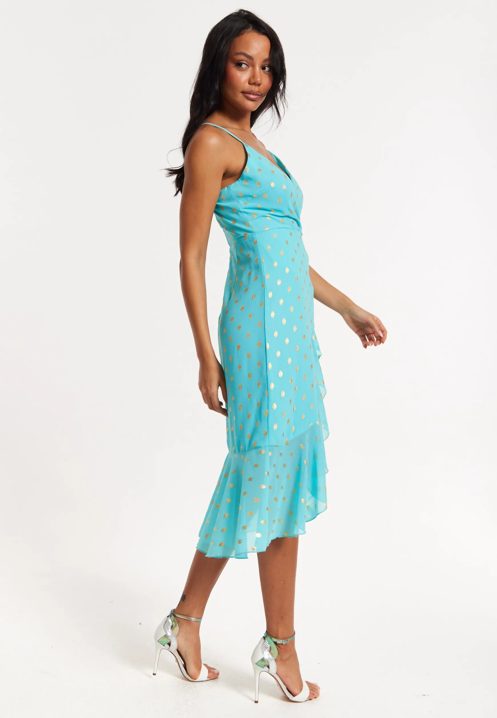 Turquoise Gold Print Wrap Midi Dress