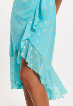 Turquoise Gold Print Wrap Midi Dress