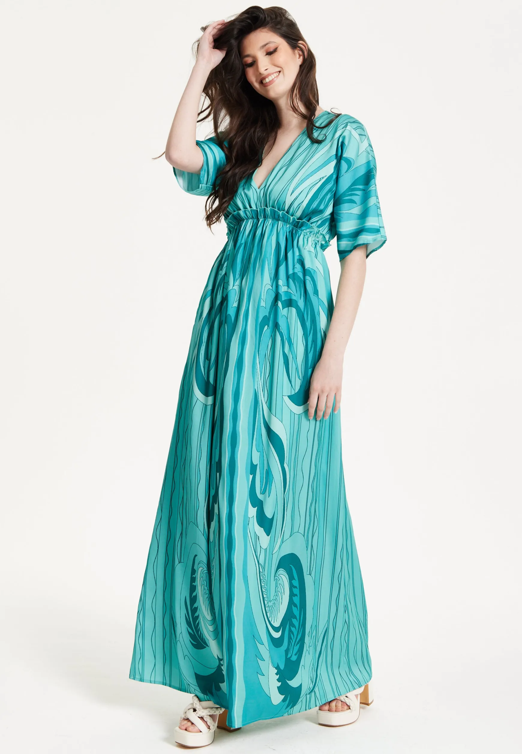 Turquoise Swirl Print Maxi Dress