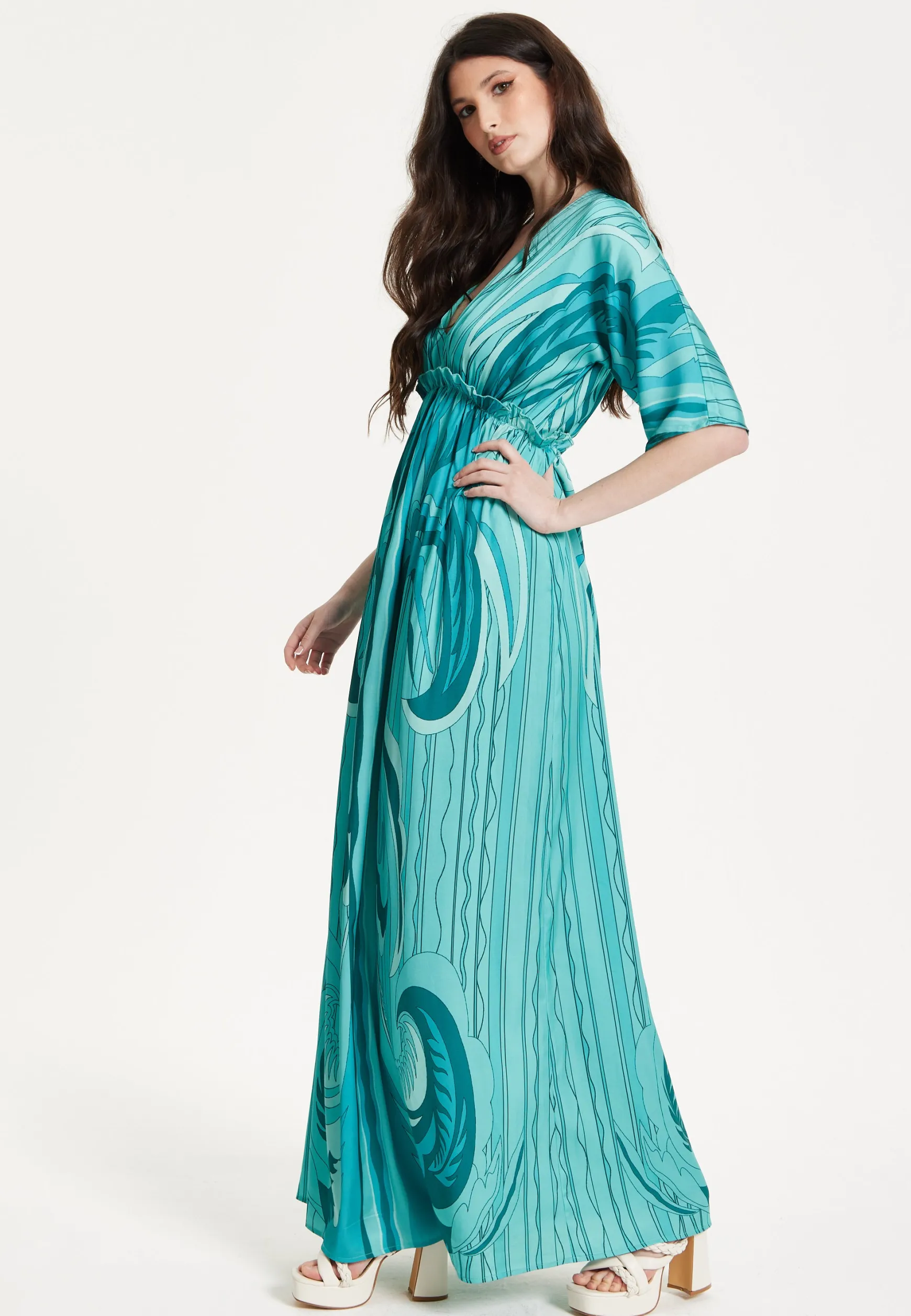 Turquoise Swirl Print Maxi Dress