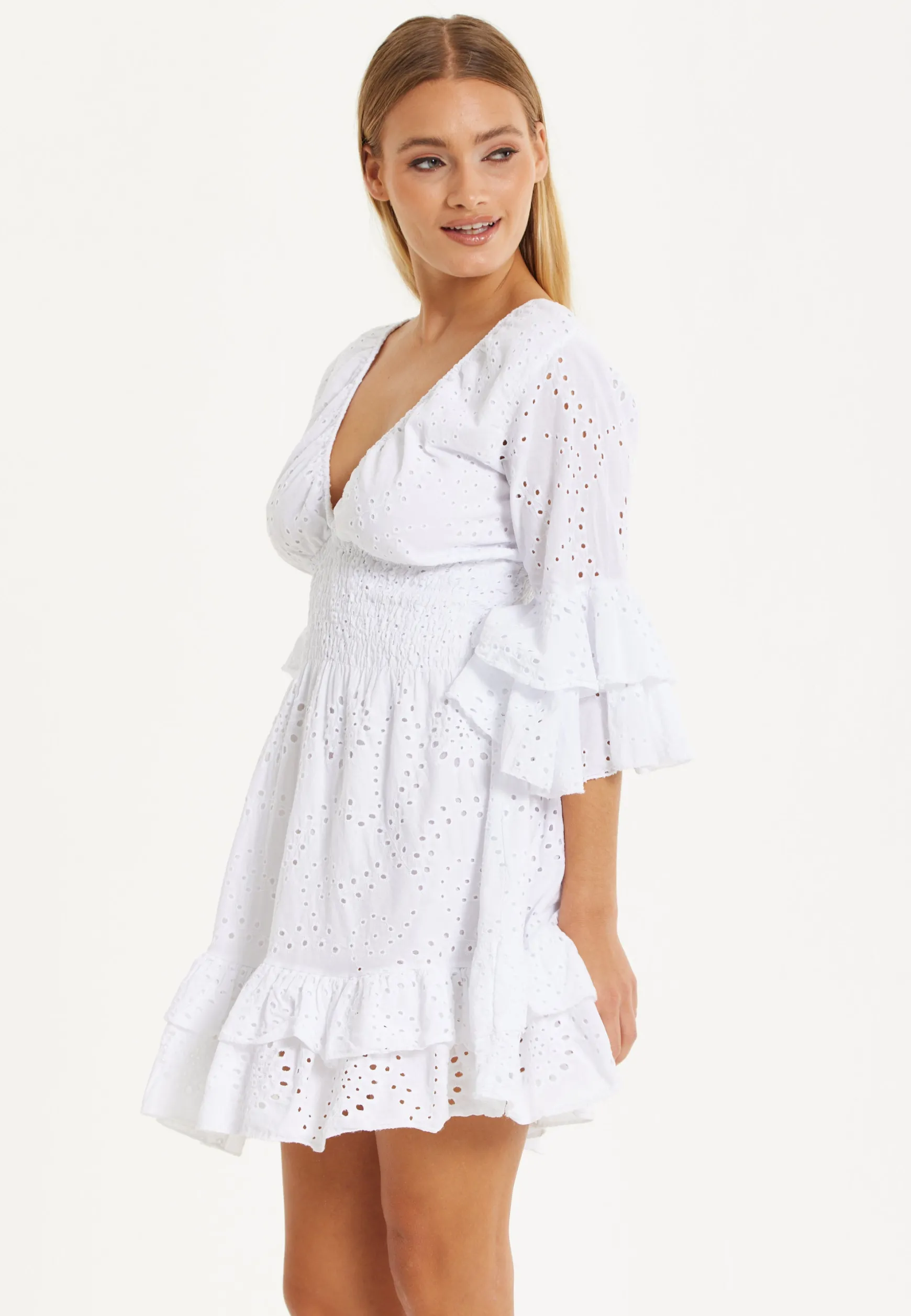 White Broderie Ruffle Mini Dress