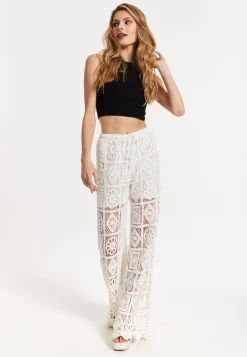 White Crochet Wide Leg Trousers