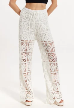 White Crochet Wide Leg Trousers