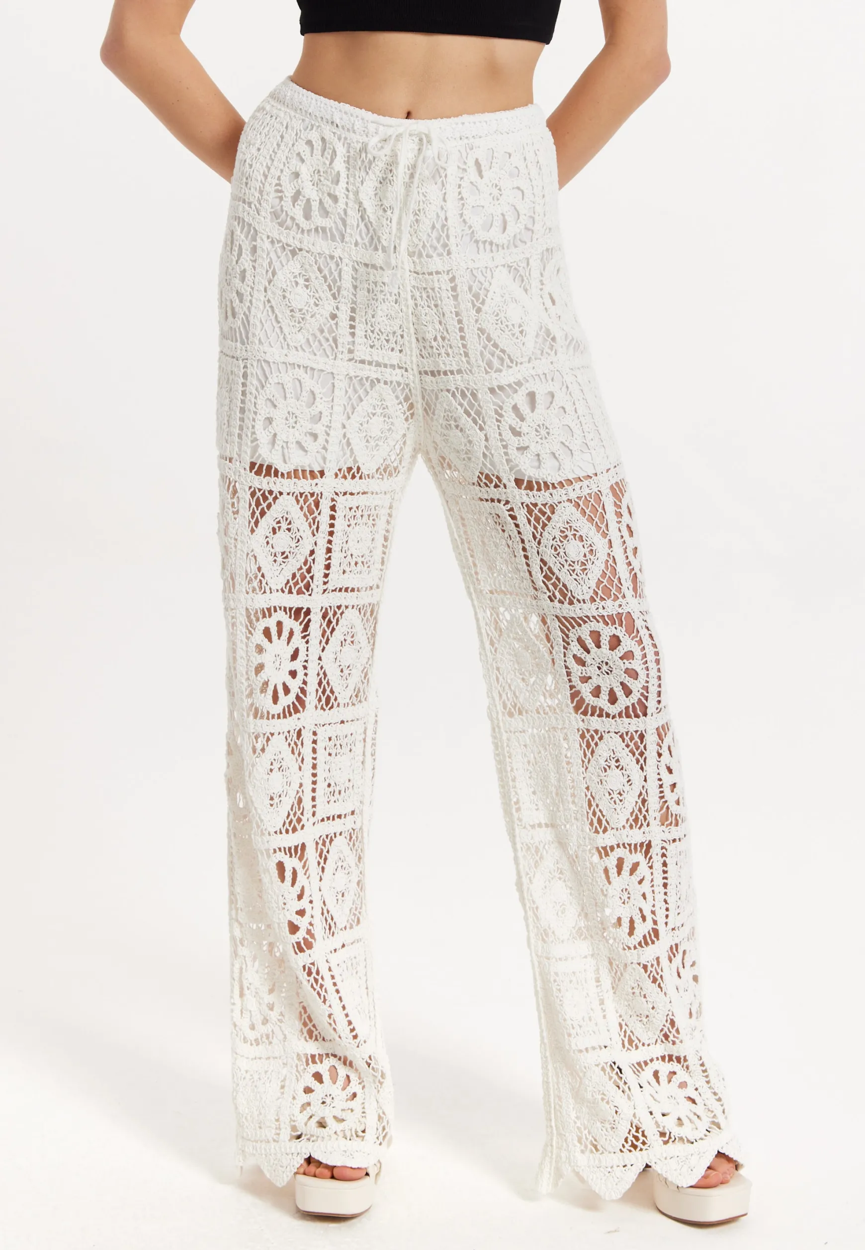 White Crochet Wide Leg Trousers