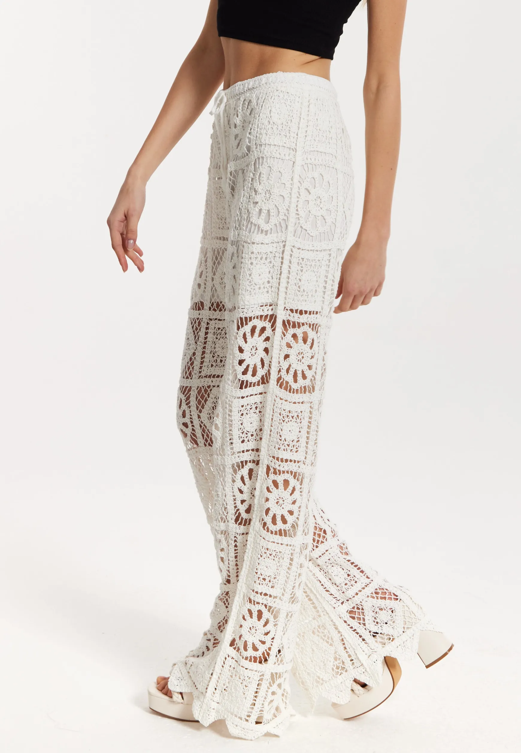 White Crochet Wide Leg Trousers