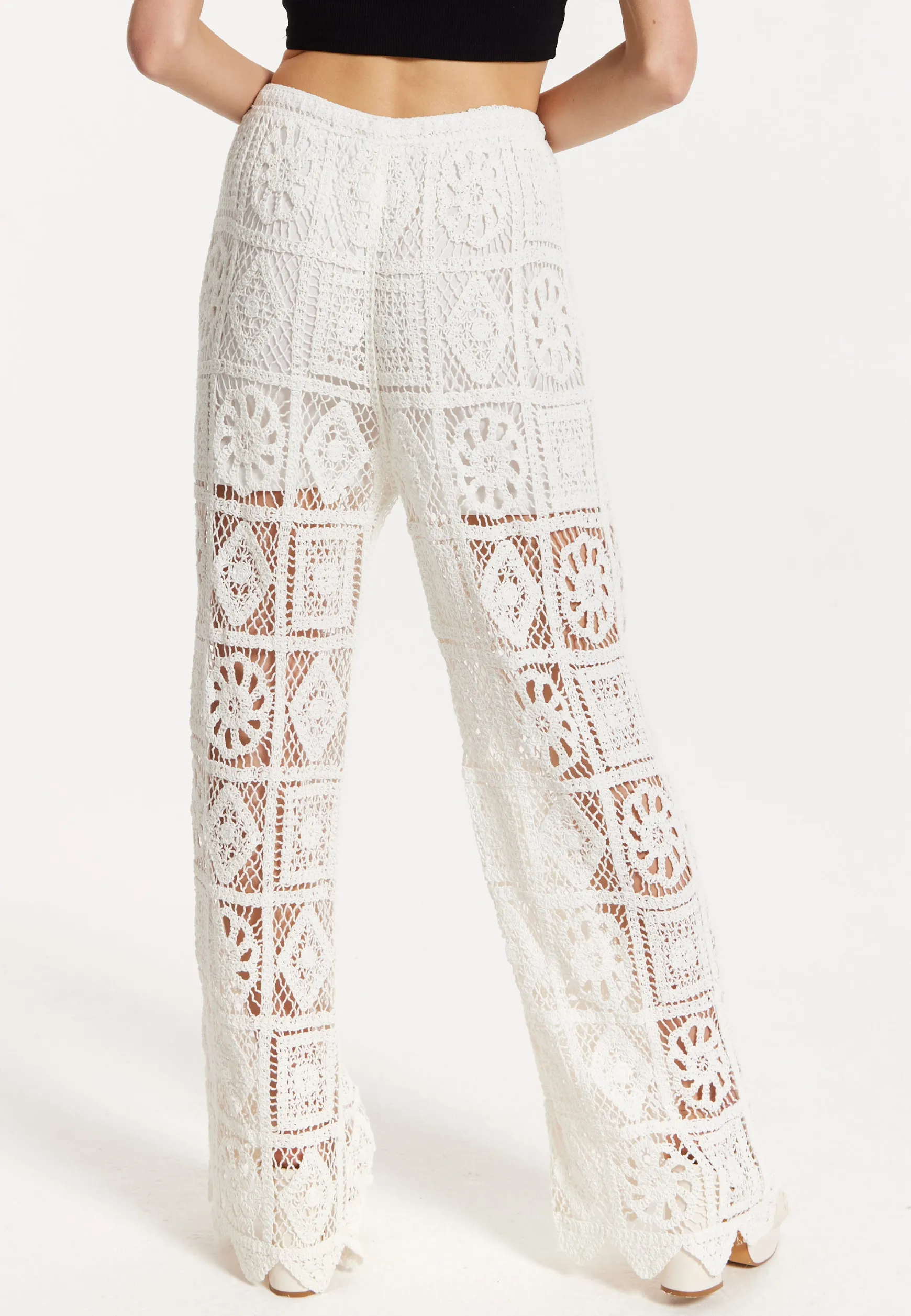 White Crochet Wide Leg Trousers