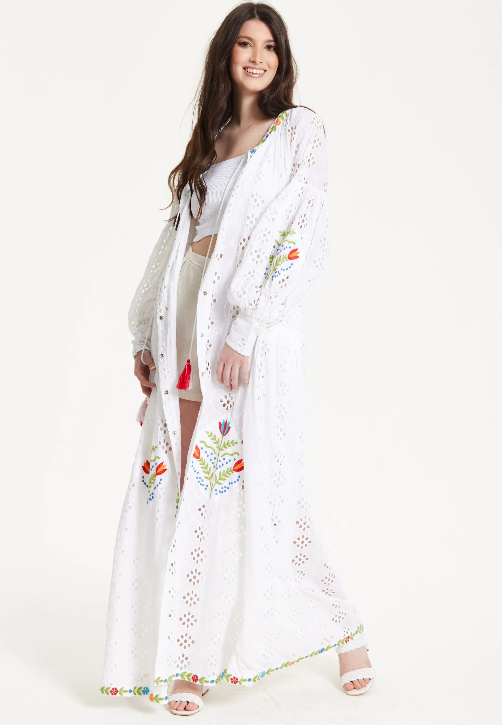 White Embroidered Boho Kimono