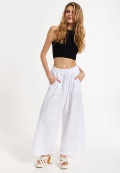 White Embroidered Wide Leg Trousers