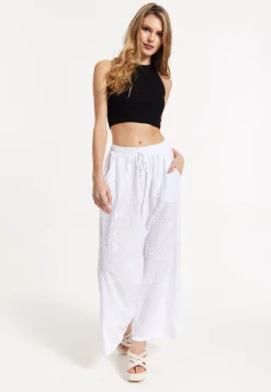 White Embroidered Wide Leg Trousers