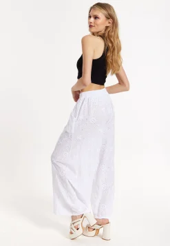White Embroidered Wide Leg Trousers