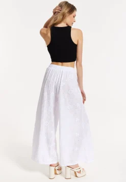 White Embroidered Wide Leg Trousers
