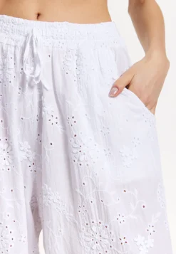 White Embroidered Wide Leg Trousers