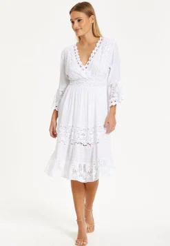 White Lace Flared Sleeve Midi Dress