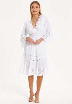 White Lace Flared Sleeve Midi Dress