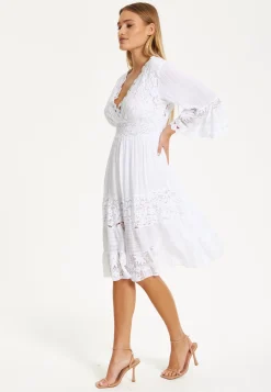 White Lace Flared Sleeve Midi Dress