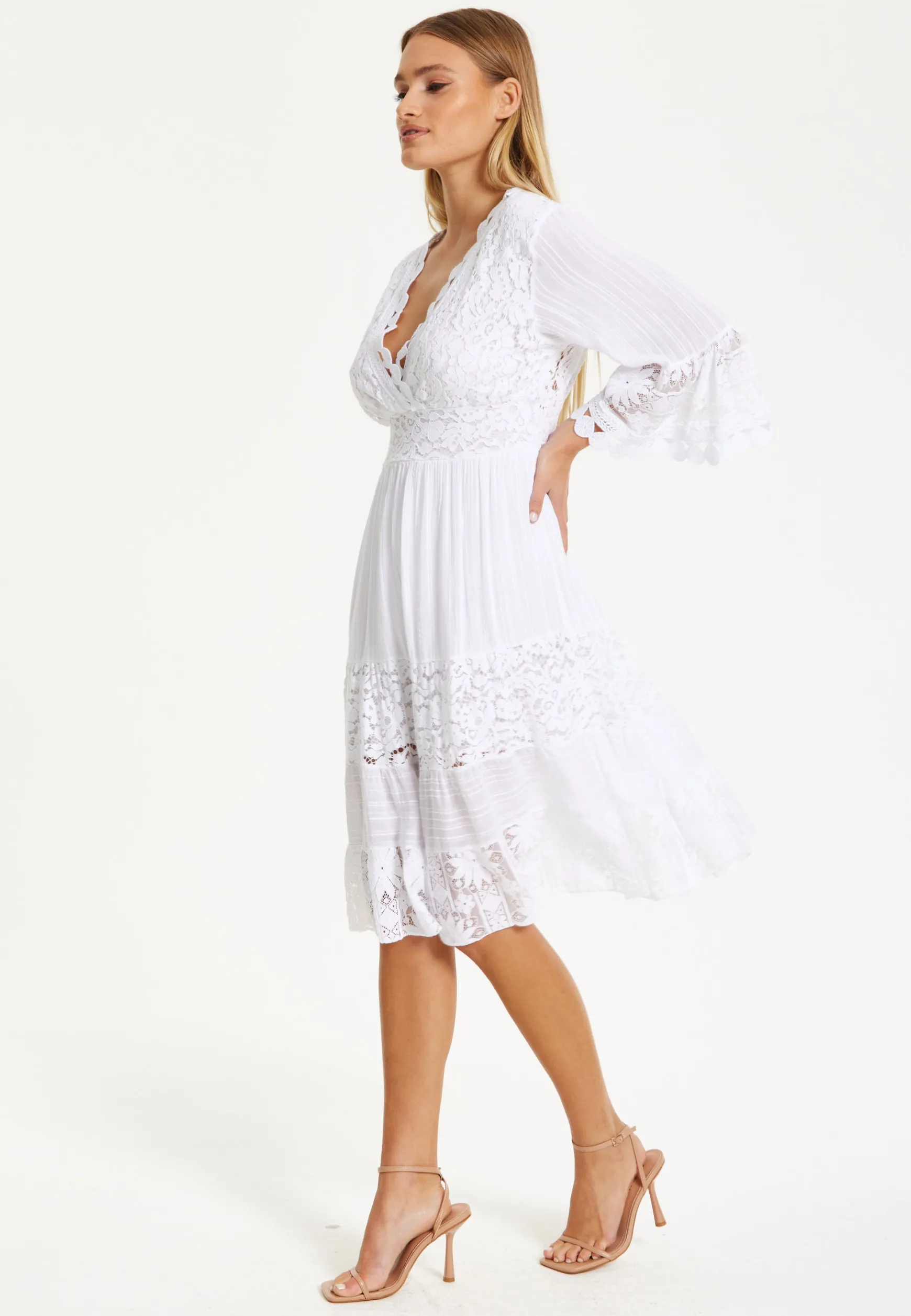 White Lace Flared Sleeve Midi Dress
