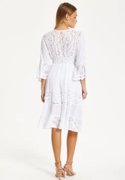 White Lace Flared Sleeve Midi Dress