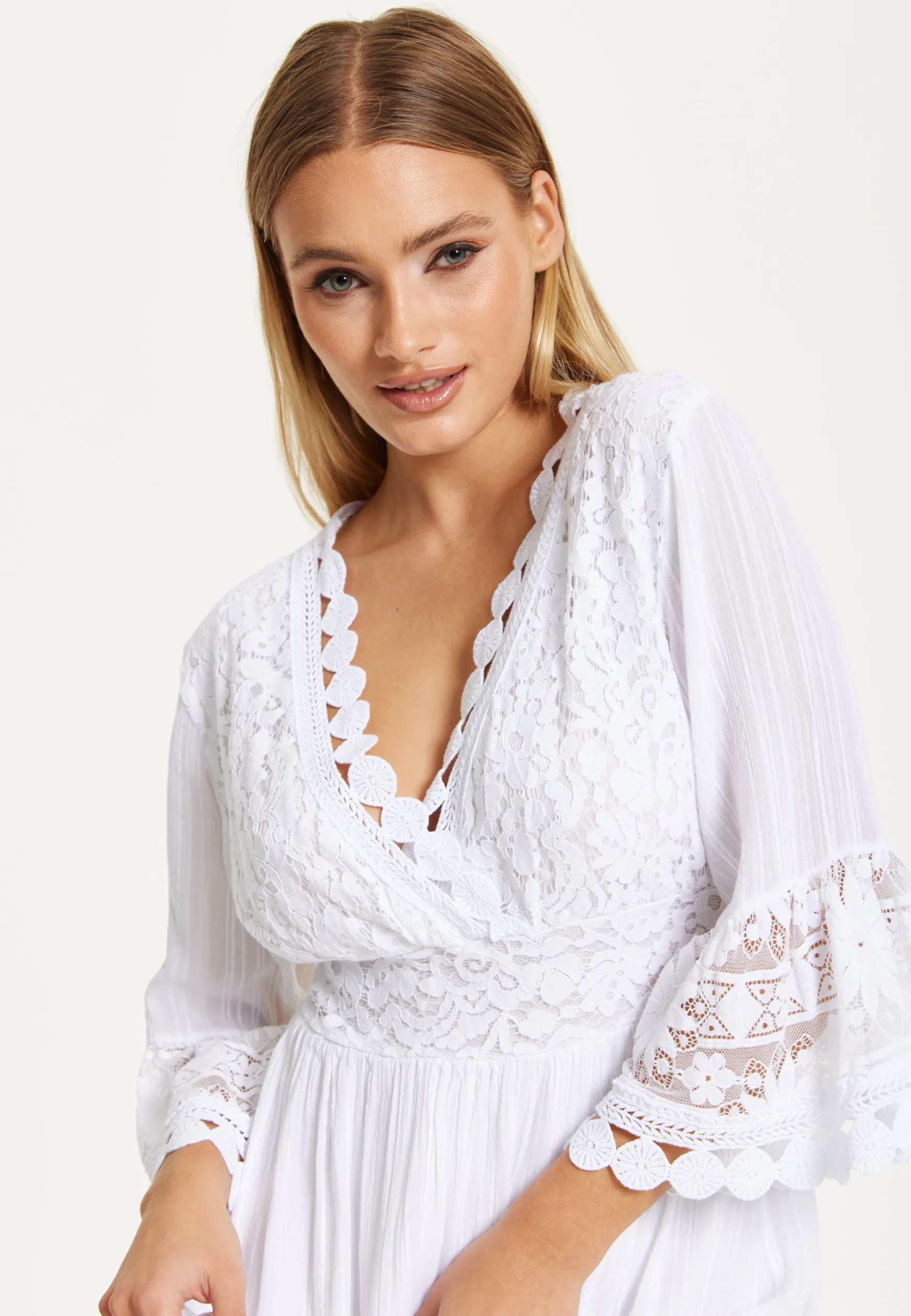 White Lace Flared Sleeve Midi Dress