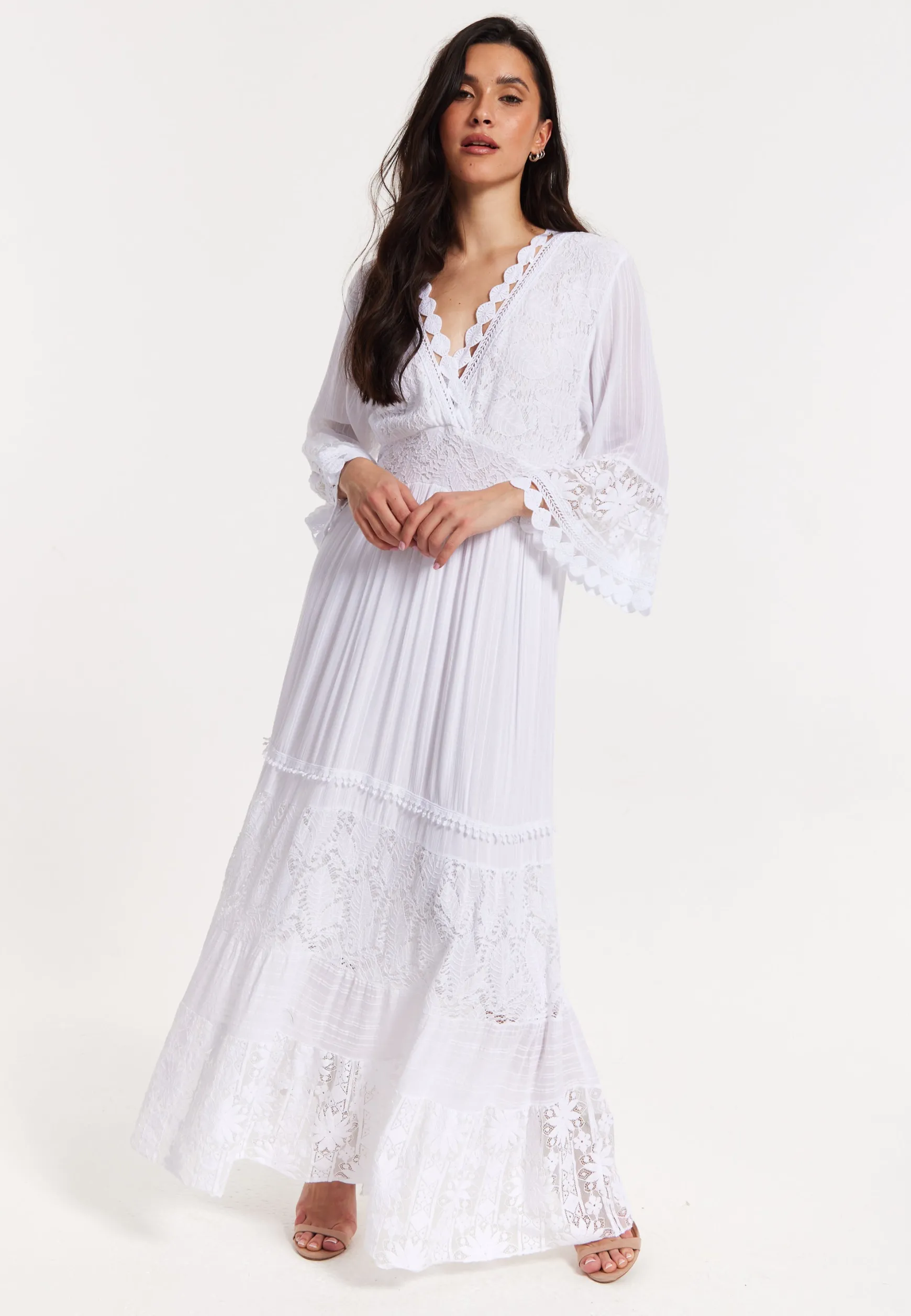 White Lace Maxi Dress with Flared Sleeves