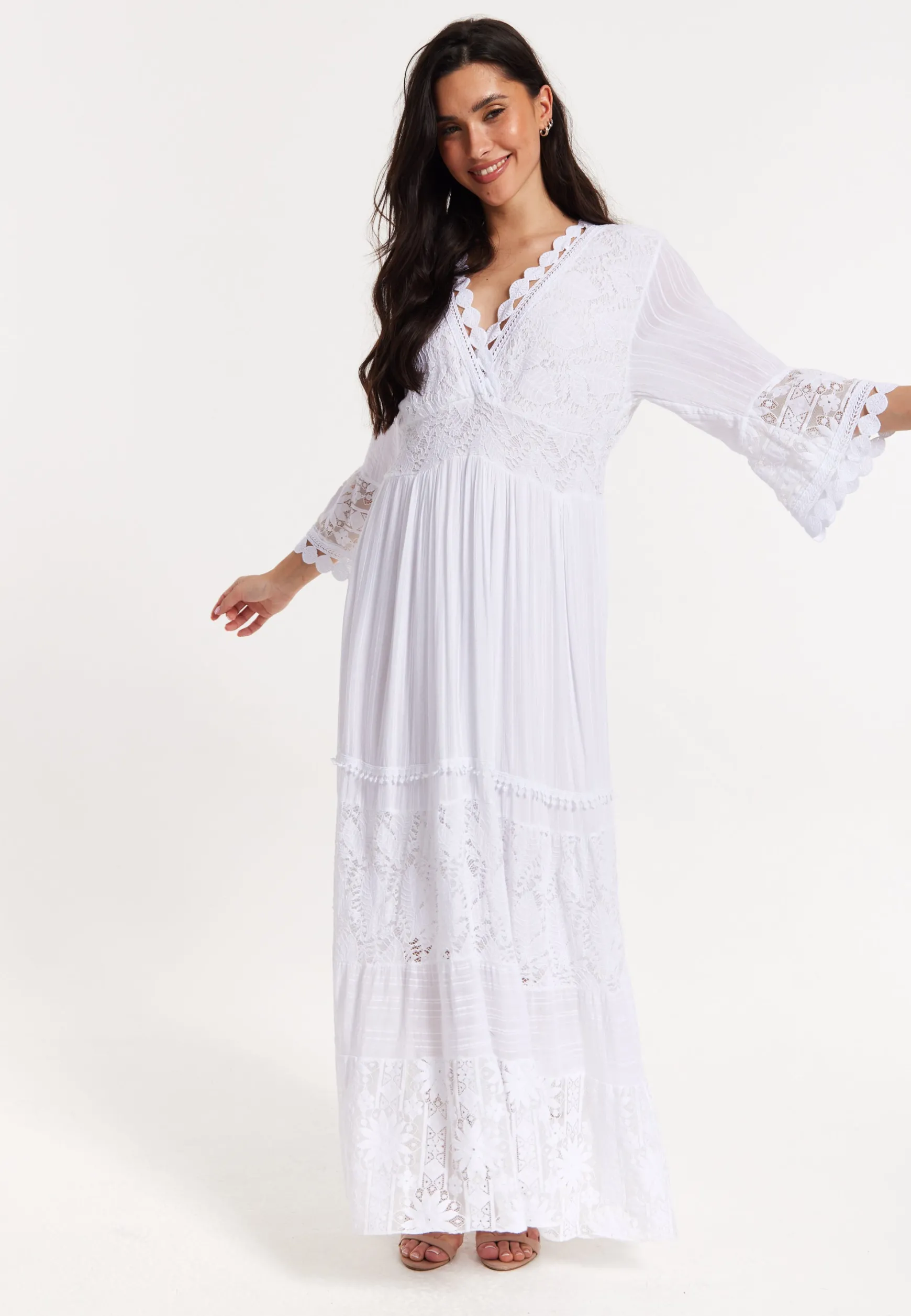 White Lace Maxi Dress with Flared Sleeves