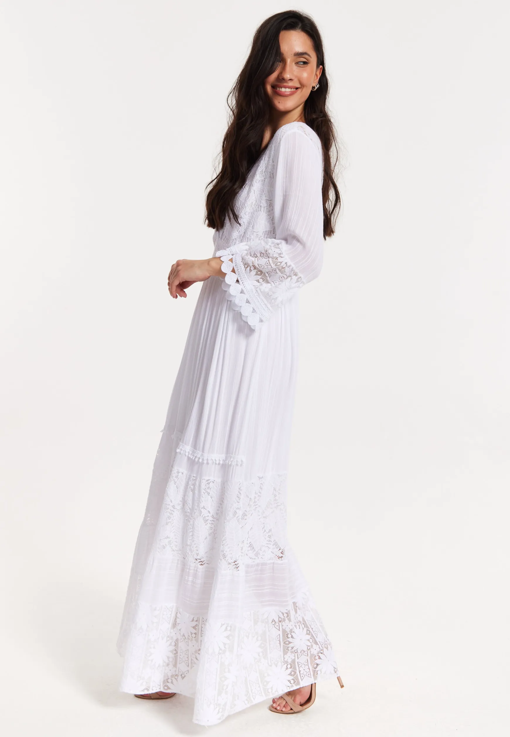 White Lace Maxi Dress with Flared Sleeves