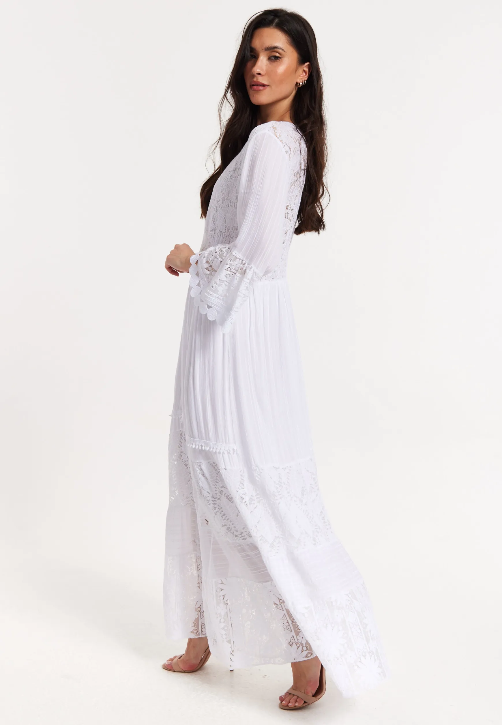 White Lace Maxi Dress with Flared Sleeves