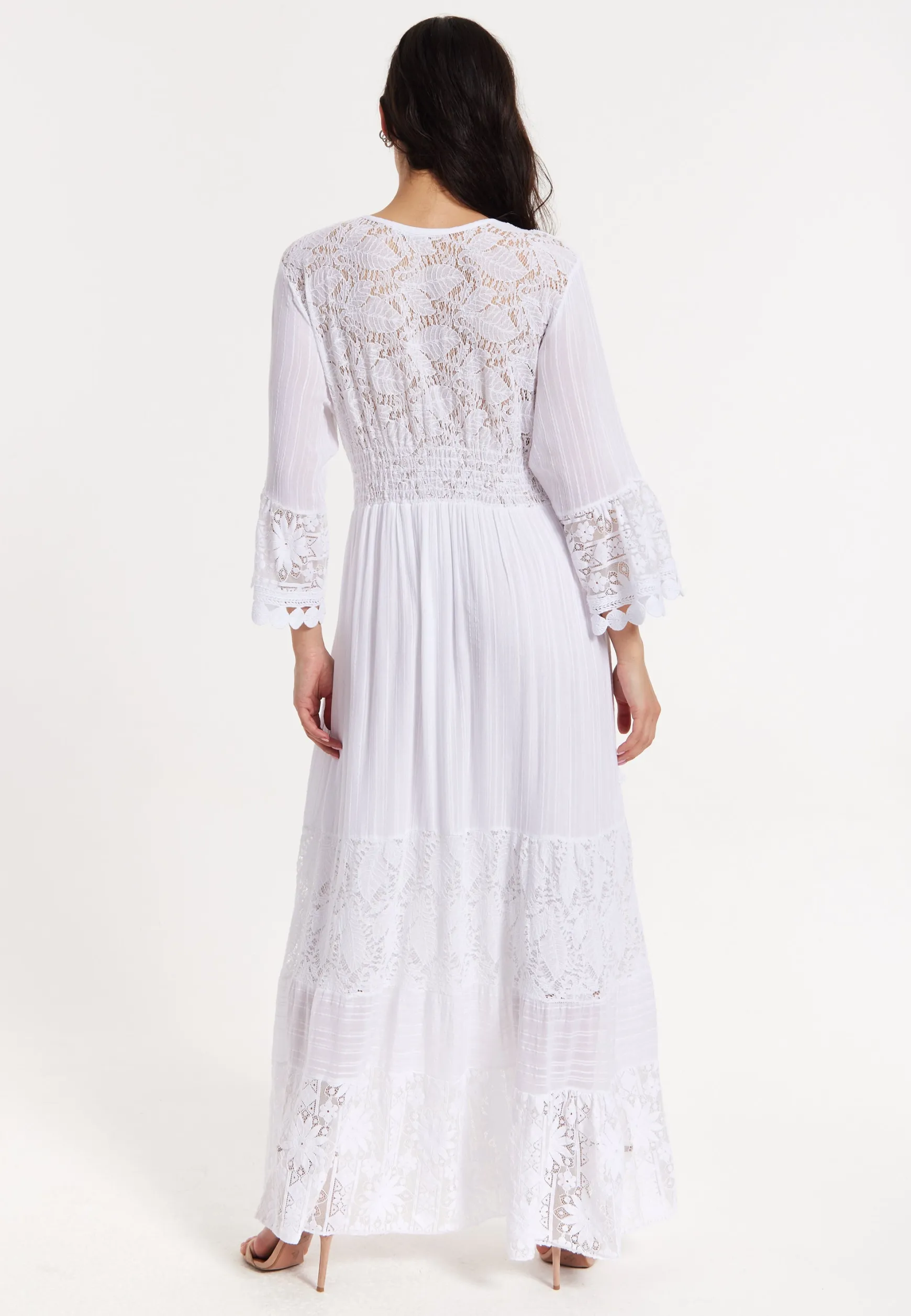 White Lace Maxi Dress with Flared Sleeves
