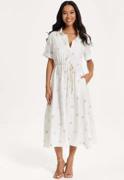 White Palm Print Shirt Midi Dress