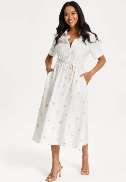 White Palm Print Shirt Midi Dress
